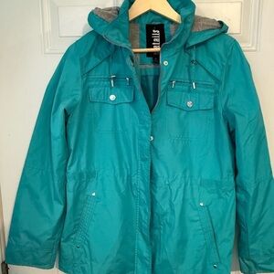 Blue Utility Jacket with Hood and Water-Resistant Material